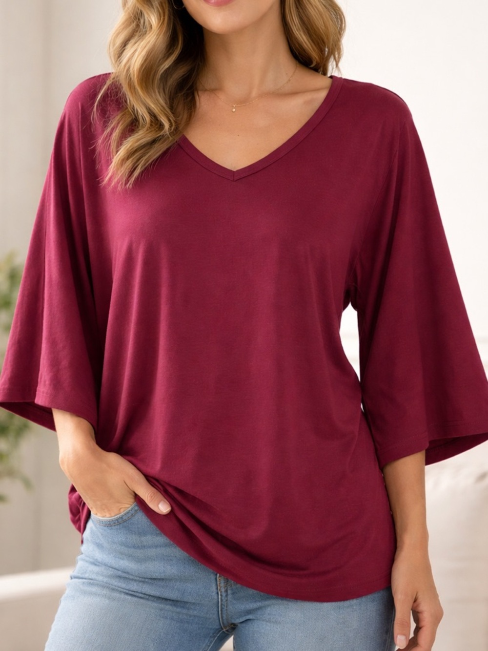 SHEIN V-Neck Short Sleeve Tee - Wine